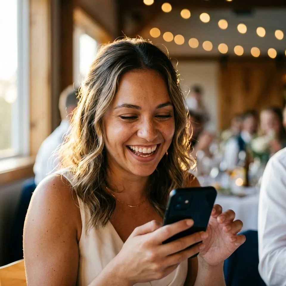 A delighted wedding guest who has just found her photos